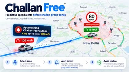 Challan Free map illustration showing speed limits and approaching challan-prone zone alerts