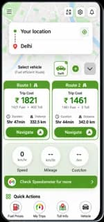 FUELabc Map route comparison showing fuel and toll costs, travel time and distance