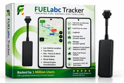 FUELabc Tracker device and retail packaging showing the app screens for live vehicle location, route cost and fuel-saving features