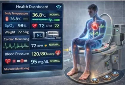 SmartPOT concept illustration showing a connected toilet and health dashboard with vital sign monitoring