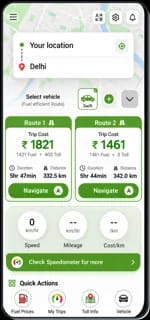 FUELabc Map route comparison showing fuel and toll costs, travel time and distance