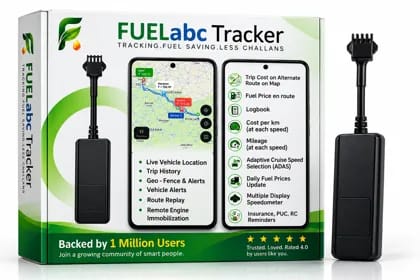 FUELabc Tracker device and retail packaging showing the app screens for live vehicle location, route cost and fuel-saving features