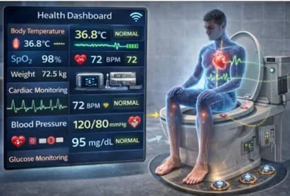 SmartPOT concept illustration showing a connected toilet and health dashboard with vital sign monitoring