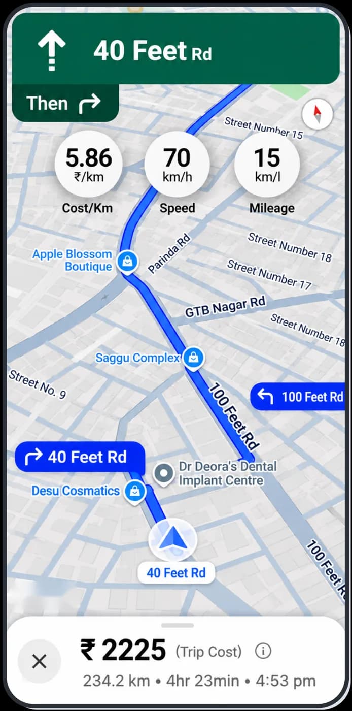 FUELabc Map live navigation showing cost per kilometre, speed, mileage and total trip cost