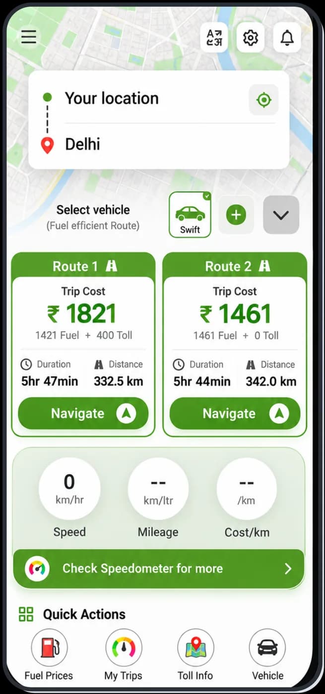 FUELabc Map route comparison showing fuel and toll costs, travel time and distance